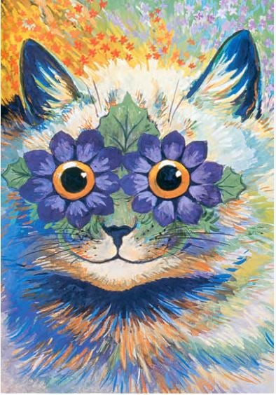 Louis Wain : chat bleu aux grands yeux en fleurs