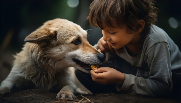 Petit garçon qui nourrit son chien avec des croquettes aux insectes : l'Entomophagie.